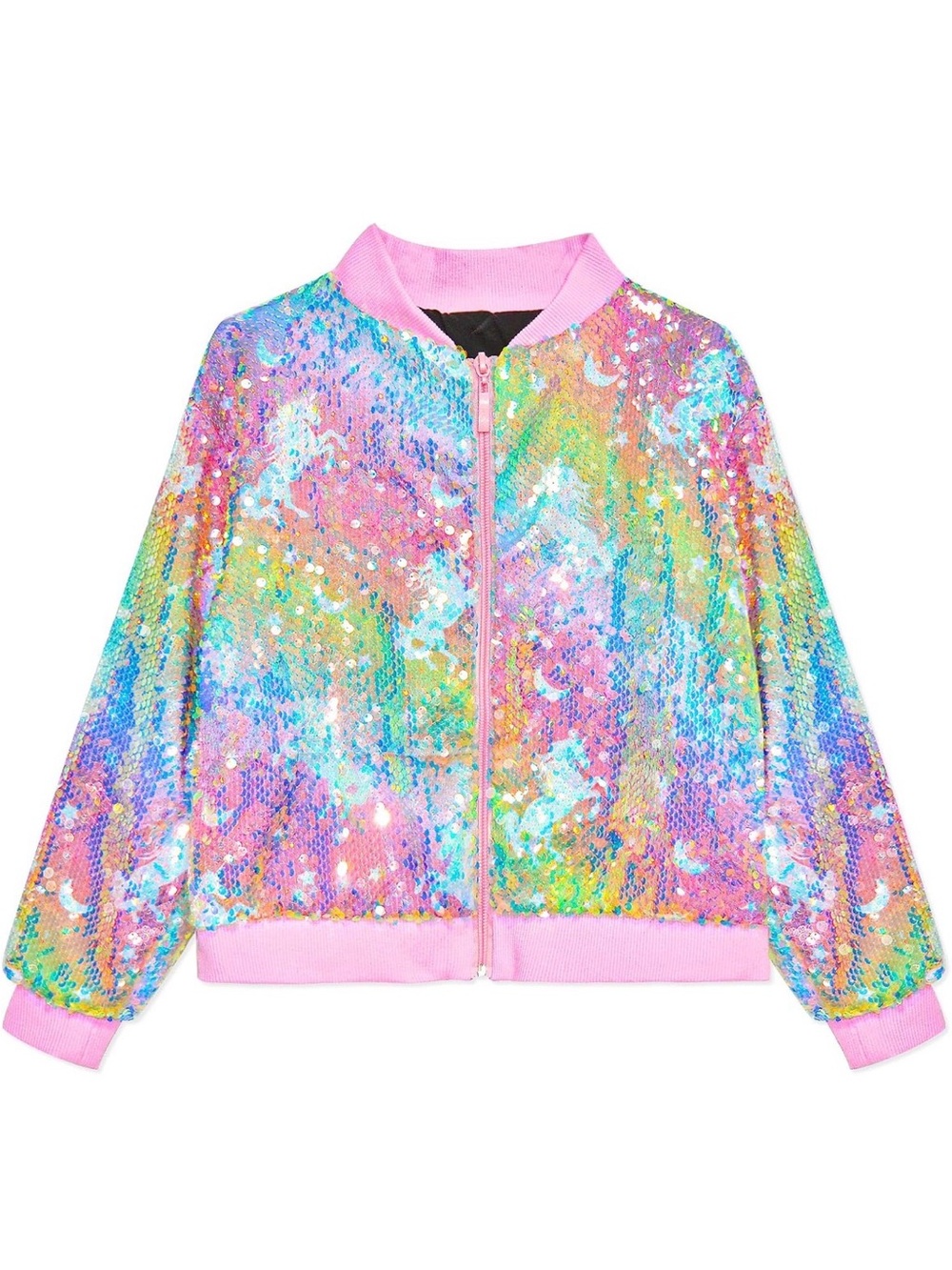 Girls Sequin Bomber Jacket in Pastel Rainbow Pink Trim | Size 6